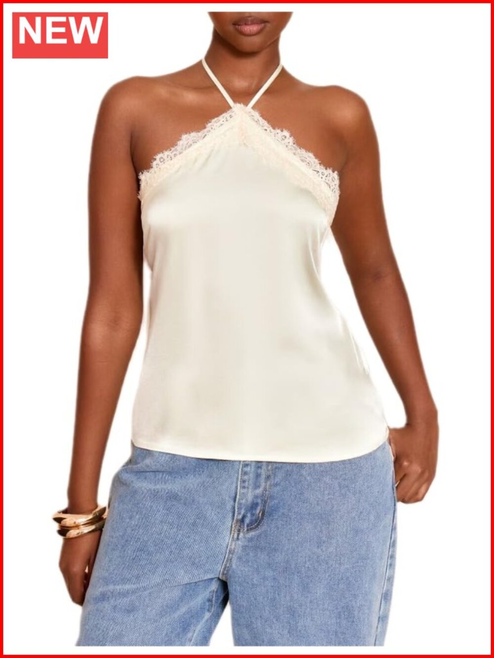 Women's Lace Halter Neck Tank Top Silky Satin Cami Tie Back Sleeveless